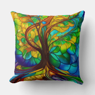 Colourful Tree of Life Stained Glass Look Throw Pillow