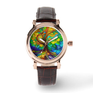 Colourful Tree of Life Stained Glass Look Watch