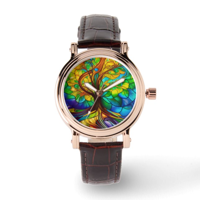 Colourful Tree of Life Stained Glass Look Watch (Front)