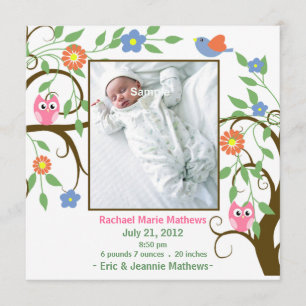 Colourful Tree with Owls Baby Announcement