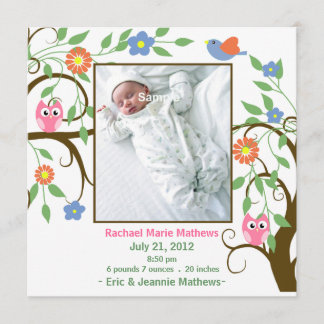 Colourful Tree with Owls Baby Announcement