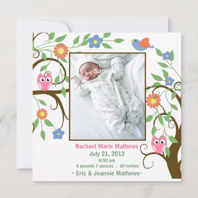 Colourful Tree with Owls Baby Announcement (Front)