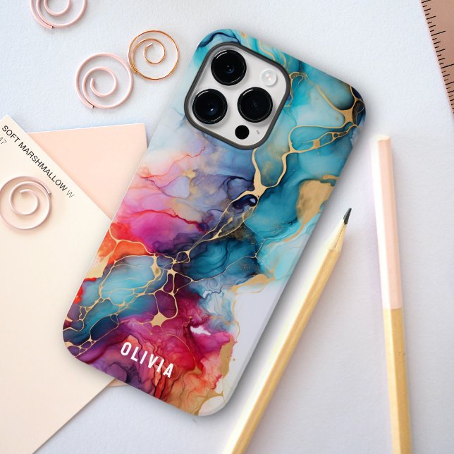 Colourful Trendy Alcohol Ink Texture Cyan Gold Case-Mate iPhone Case (Creator Uploaded)