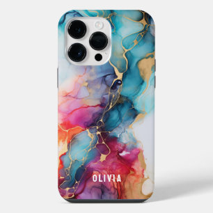 Colourful Trendy Alcohol Ink Texture Cyan Gold iPhone 14 Pro Max Case