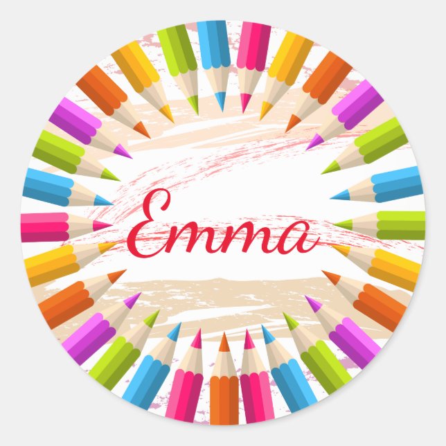 Colourful Trendy Personalised Pencils Classic Round Sticker (Front)