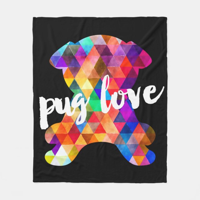Colourful Triangle Pattern Pug Silhouette Pug Love Fleece Blanket (Front)