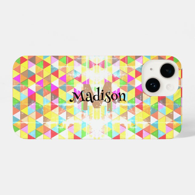 Colourful triangle retro geometry pattern Monogram iPhone Case (Back Horizontal)