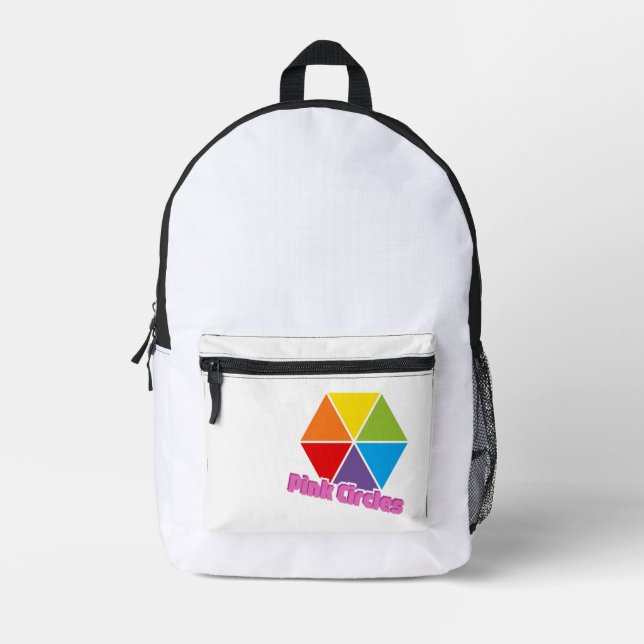 Colourful Triangles with Pink Circles Text Printed Backpack (Front)