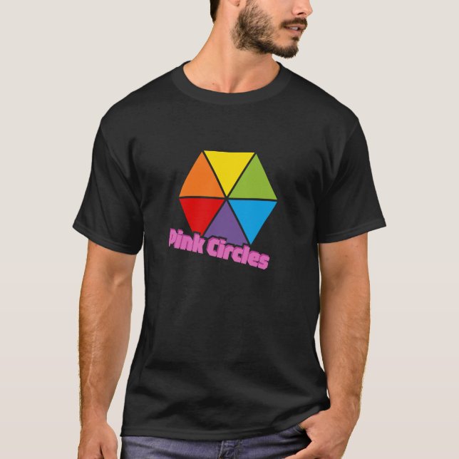 Colourful Triangles with Pink Circles Text T-Shirt (Front)