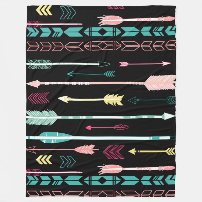 Colourful Tribal Arrows Assortment Over Black Fleece Blanket (Front)