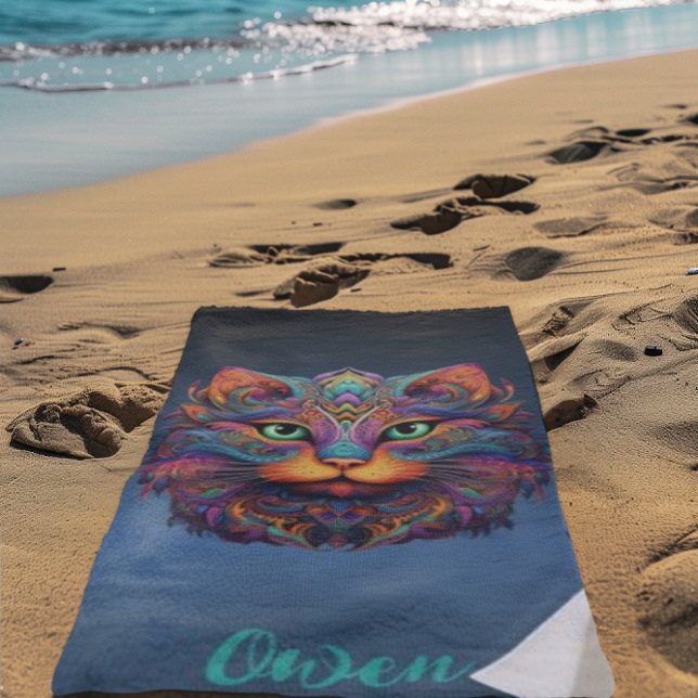 Colourful Tribal Cat - Personalized Vibrant Boho Beach Towel (Creator Uploaded)