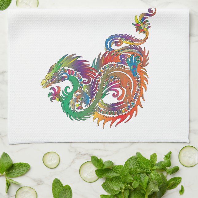 Colourful Tribal Dragon Kitchen Towel (Folded)