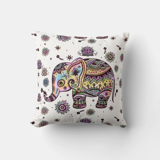 Colourful Tribal Floral Elephant Throw Pillow (Front)