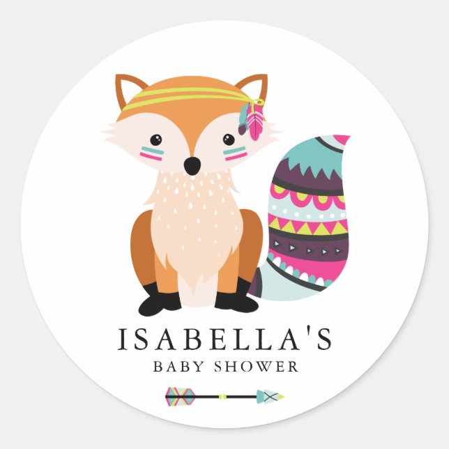 Colourful Tribal Fox Baby Shower Classic Round Sticker (Front)