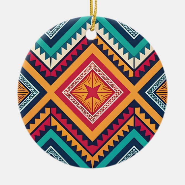 Colourful tribal pattern ceramic ornament (Front)