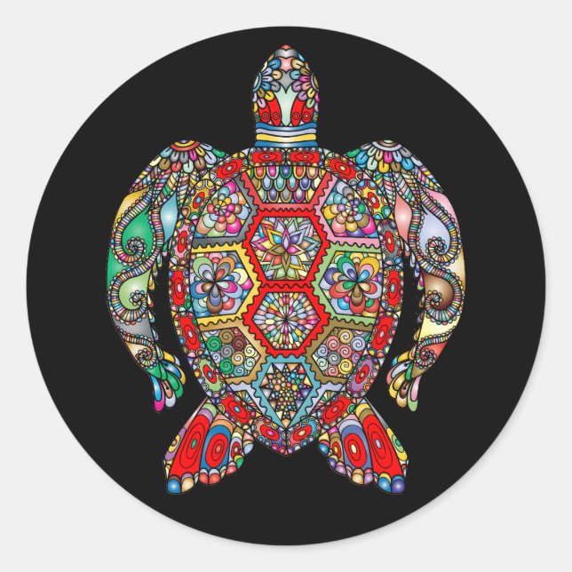 Colourful Tribal Sea Turtle Classic Round Sticker (Front)