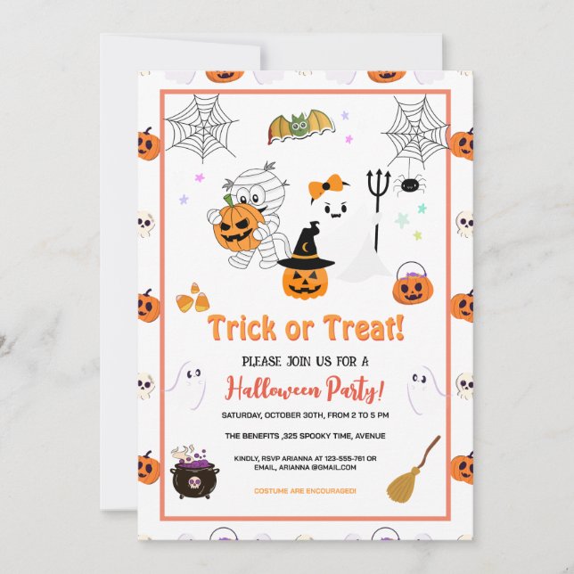 Colourful Trick Or Treat Kid's Halloween Party  Invitation (Front)
