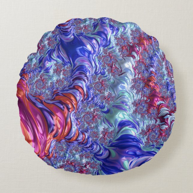 Colourful Trippy Groovy Digital Abstract Fractal Round Pillow (Front)