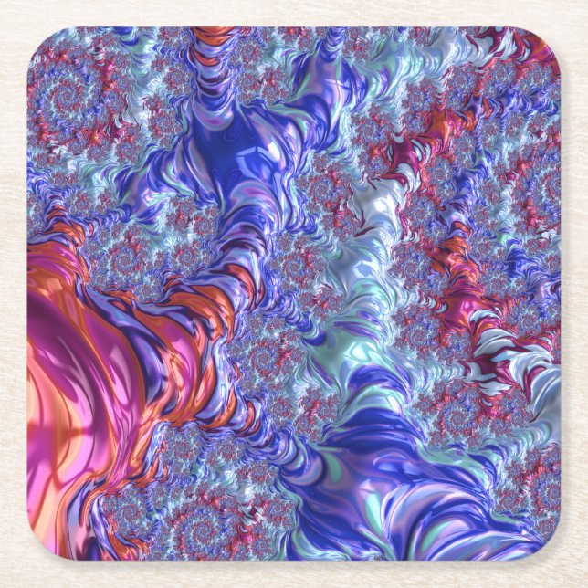 Colourful Trippy Groovy Digital Abstract Fractal Square Paper Coaster (Front)