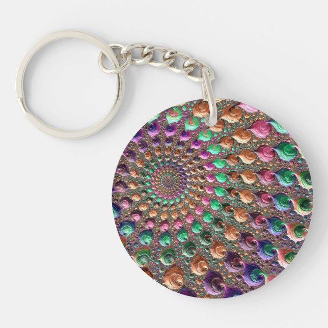 Colourful Trippy Groovy Vibrant Spiral Fractal Art Keychain (Front)