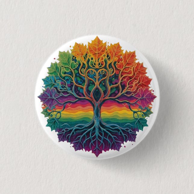 Colourful trippy rainbow tree 1 inch round button (Front)