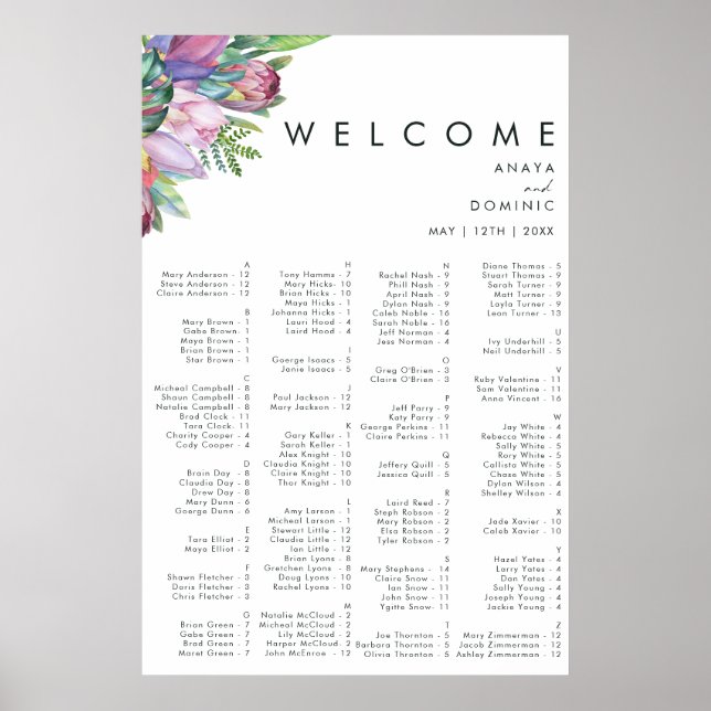 Colourful Tropical | Alphabetical Seating chart (Front)