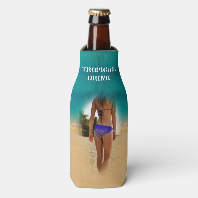 Colourful Tropical Beach - Bikini Girl, Bottle Cooler (Bottle Front)