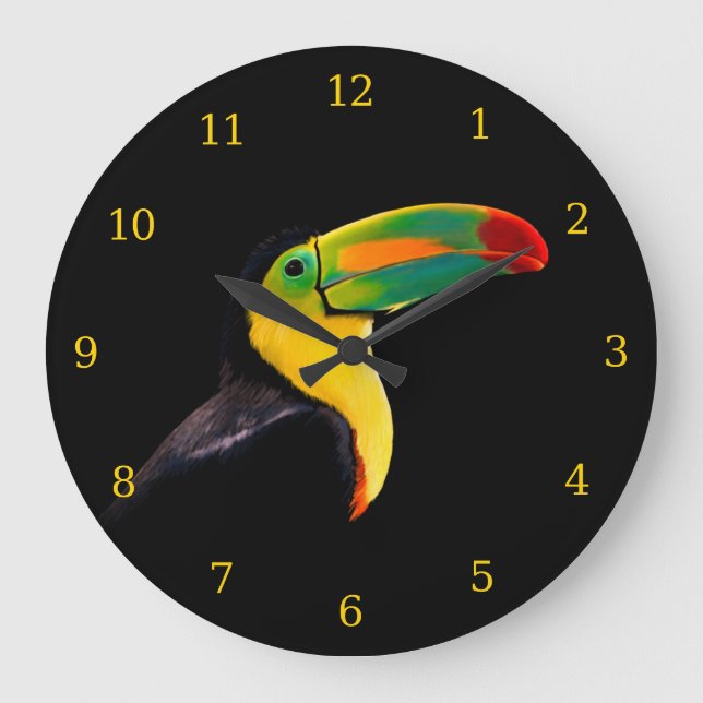 Colourful Tropical Bird Black Yellow Green Toucan Large Clock (Front)