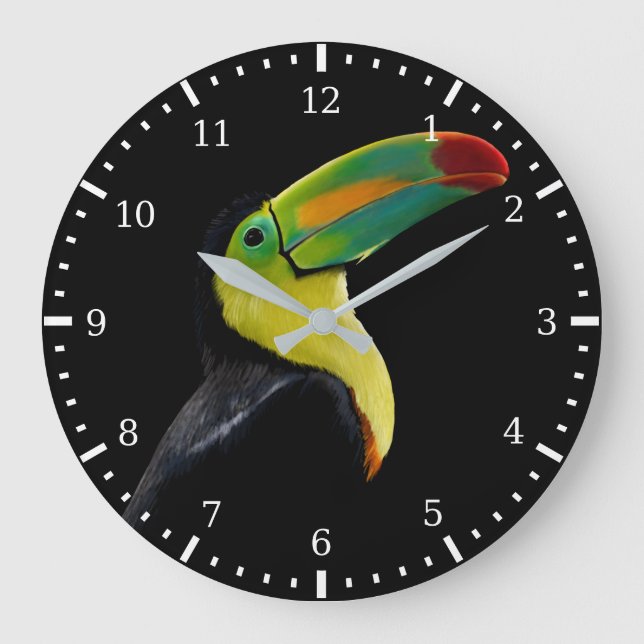 Colourful Tropical Bird Black Yellow Green Toucan Large Clock (Front)