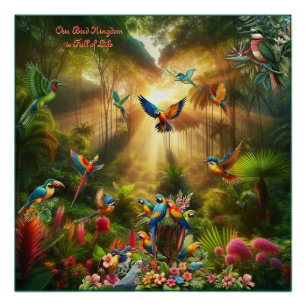 Colourful tropical birds among vibrant, lush plans poster