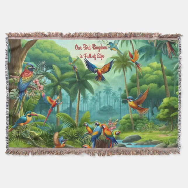 Colourful tropical birds among vibrant, lush plans throw blanket (Front)