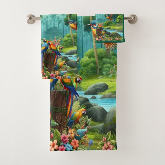 Colourful Tropical Birds among Vibrant, Lush Plant Bath Towel Set (Insitu)