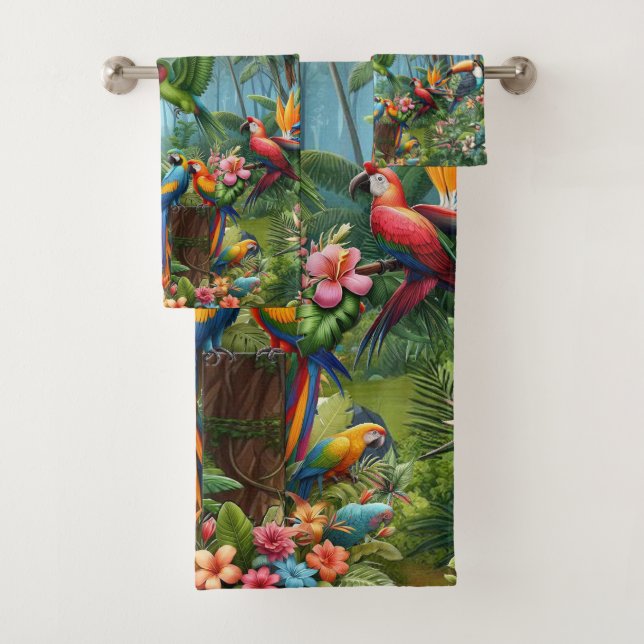 Colourful Tropical Birds among Vibrant, Lush Plant Bath Towel Set (Insitu)