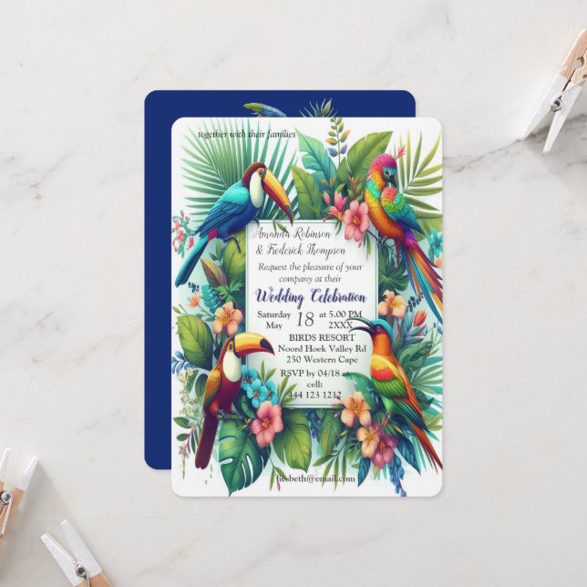 Colourful Tropical Birds among Vibrant, Lush Plant Invitation (Front/Back In Situ)