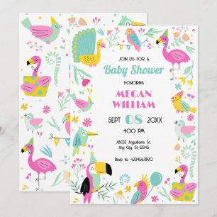 Colourful tropical birds baby shower invitation