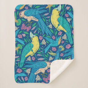 Colourful Tropical Birds & Flowers Pattern Sherpa Blanket
