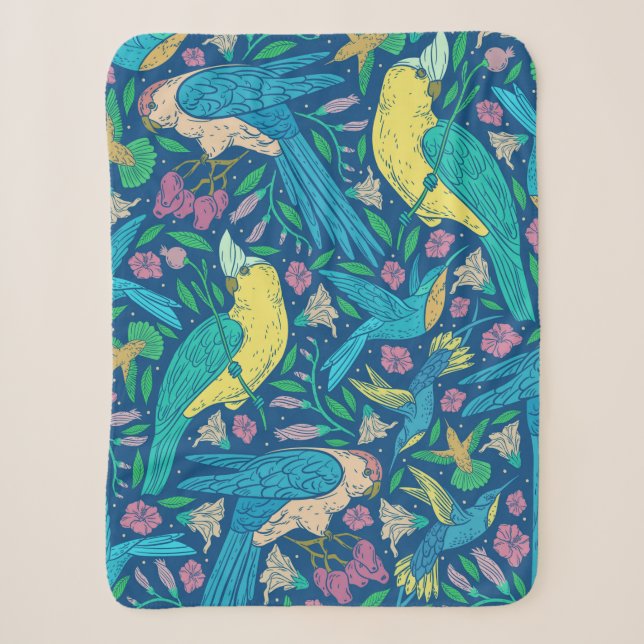 Colourful Tropical Birds & Flowers Pattern Sherpa Blanket (Front)