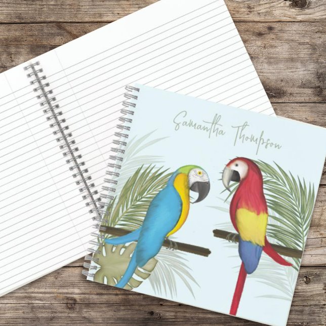 Colourful Tropical Birds Personalized  Notebook (Whimsical watercolor tropical parrots spiral notebook, square template)