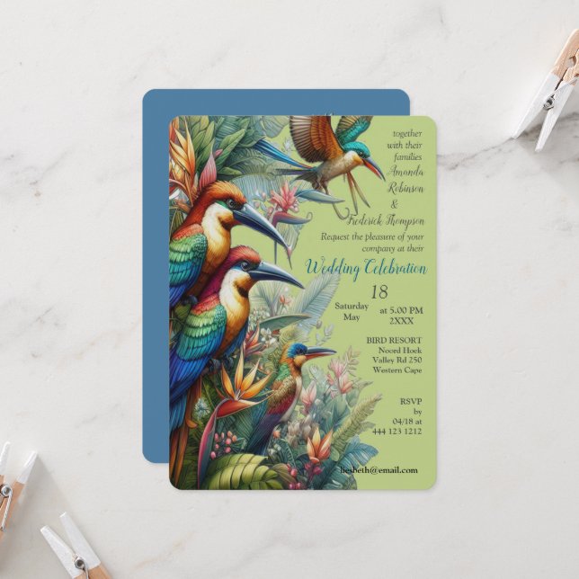 Colourful Tropical Birds & Vibrant Lush Plants Invitation (Front/Back In Situ)