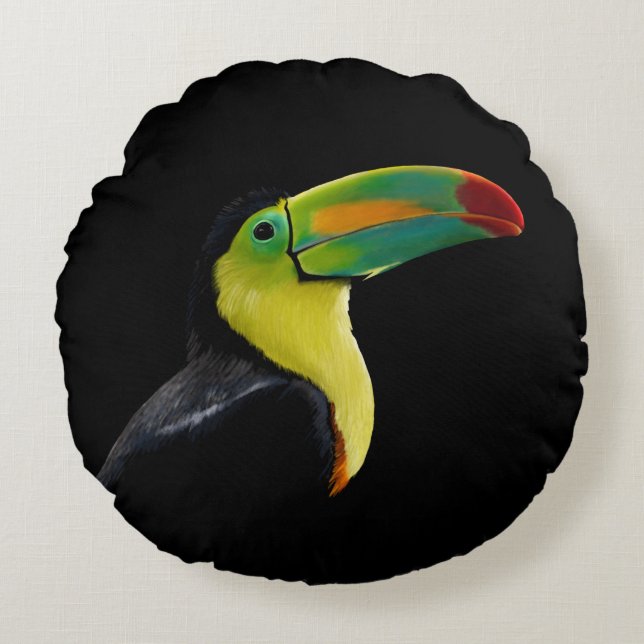 Colourful Tropical Black Yellow Green Toucan Round Pillow (Front)