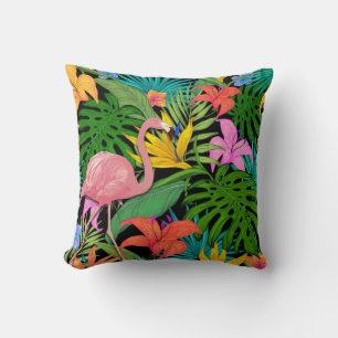 Colourful tropical design with pink flamingo throw pillow