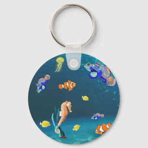 Colourful tropical fish and Seahorse Keychain