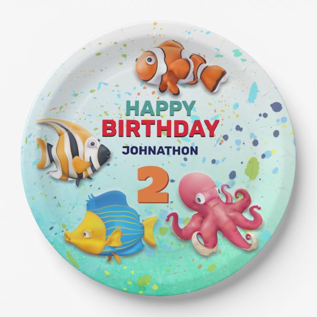 Colourful Tropical Fish Kids Birthday Paper Plate (Front)