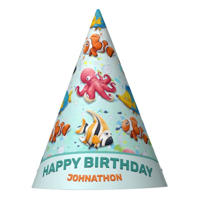 Colourful Tropical Fish Kids Birthday Party Hat (Front)
