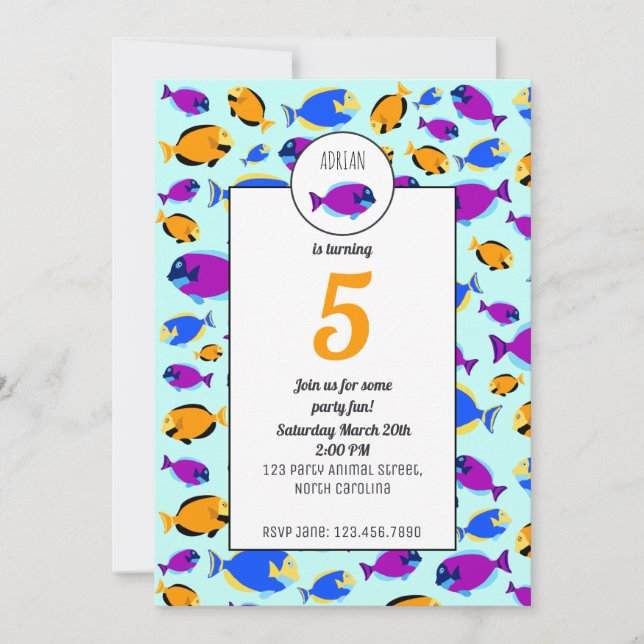 Colourful Tropical Fish Pattern Blue Sea Birthday Invitation (Front)
