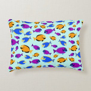 Colourful Tropical Fish Pattern in Blue Sea  Accent Pillow