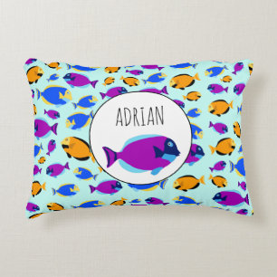Colourful Tropical Fish Pattern in Blue Sea Accent Pillow