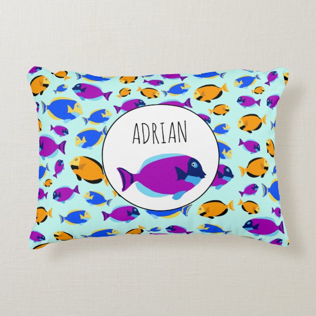 Colourful Tropical Fish Pattern in Blue Sea Accent Pillow (Front)