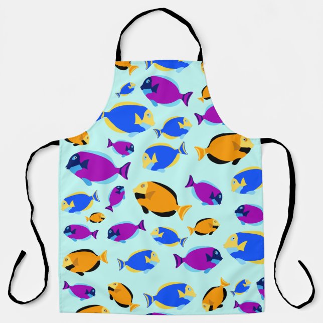 Colourful Tropical Fish Pattern in Blue Sea Apron (Front)