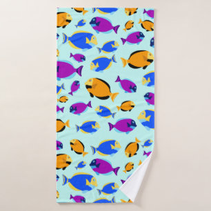 Colourful Tropical Fish Pattern in Blue Sea Bath Towel